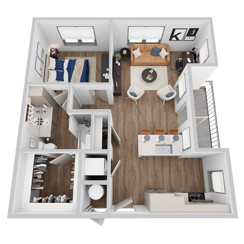 Floor plan for 1 bed, 1 bath, 764 sqft